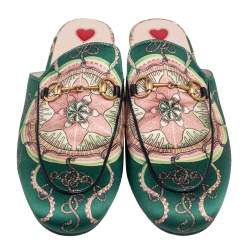 مملوكة مسبقًا صندل سلايد غوتشي برينستاون هورسبيت ساتان أخضر مطبوع مقاس 40