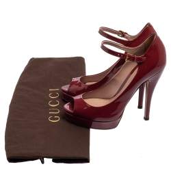 Pre Owned Gucci Maroon Patent Leather Ankle Strap Peep Toe Platform Pumps Size 38
