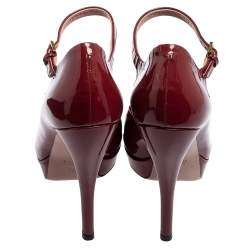 Pre Owned Gucci Maroon Patent Leather Ankle Strap Peep Toe Platform Pumps Size 38