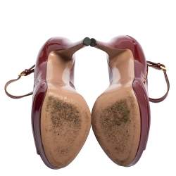 Pre Owned Gucci Maroon Patent Leather Ankle Strap Peep Toe Platform Pumps Size 38
