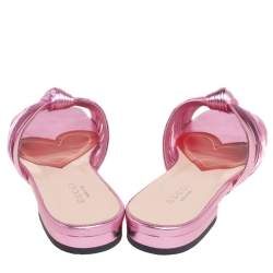 Pre Owned Gucci Metallic Rose Leather Bow Flat Sandals Size 36