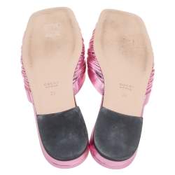 Pre Owned Gucci Metallic Rose Leather Bow Flat Sandals Size 36