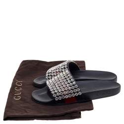 Pre Owned Gucci Black Leather Crystal-Embellished Flats Size 37