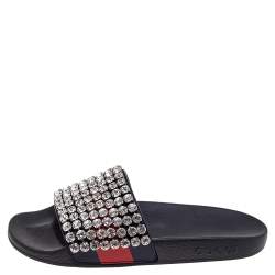 Pre Owned Gucci Black Leather Crystal-Embellished Flats Size 37