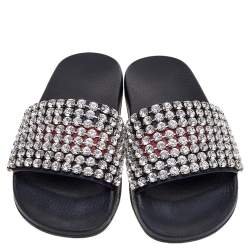 Pre Owned Gucci Black Leather Crystal-Embellished Flats Size 37