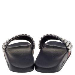 Pre Owned Gucci Black Leather Crystal-Embellished Flats Size 37