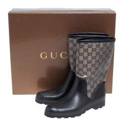 Pre Owned Gucci Beige/Black GG Coated Canvas and Rubber Prato Flat Rain Boots Size 37