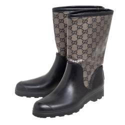 Pre Owned Gucci Beige/Black GG Coated Canvas and Rubber Prato Flat Rain Boots Size 37