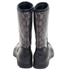 Pre Owned Gucci Beige/Black GG Coated Canvas and Rubber Prato Flat Rain Boots Size 37