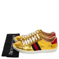Pre Owned Gucci Gold Python Embossed Leather Ace Web Detail Low Top Sneakers Size 38