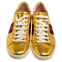 Pre Owned Gucci Gold Python Embossed Leather Ace Web Detail Low Top Sneakers Size 38