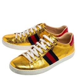 Pre Owned Gucci Gold Python Embossed Leather Ace Web Detail Low Top Sneakers Size 38