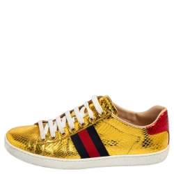 Pre Owned Gucci Gold Python Embossed Leather Ace Web Detail Low Top Sneakers Size 38