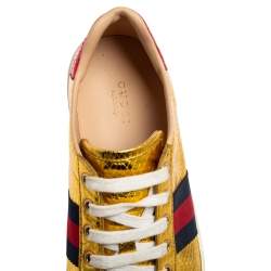 Pre Owned Gucci Gold Python Embossed Leather Ace Web Detail Low Top Sneakers Size 38