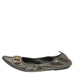 Gucci Grey Patent Leather Horsebit Pointed Toe Scrunch Ballet Flats Size 41
