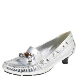 Pre Owned حذاء كعب عالي غوتشي لوفر شراشيب بامبو جلد فضي مقاس 40