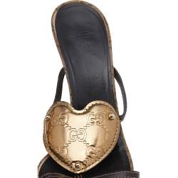 Gucci Brown/Gold GG Leather Crest Slide Sandals Size 39