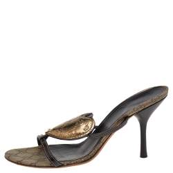 Gucci Brown/Gold GG Leather Crest Slide Sandals Size 39