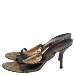Gucci Brown/Gold GG Leather Crest Slide Sandals Size 39