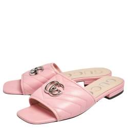 Pre Owned Gucci Pink Matelassé Leather GG Marmont Flat Slide Sandals Size 36.5