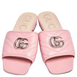 Pre Owned Gucci Pink Matelassé Leather GG Marmont Flat Slide Sandals Size 36.5