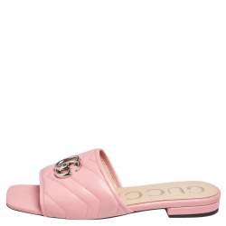 Pre Owned Gucci Pink Matelassé Leather GG Marmont Flat Slide Sandals Size 36.5