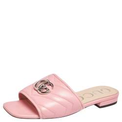Pre Owned Gucci Pink Matelassé Leather GG Marmont Flat Slide Sandals Size 36.5