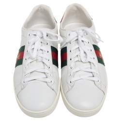 Pre Owned حذاء رياضي غوتشي آيس جلد أبيض مزين نحلة عنق منخفض  مقاس 38