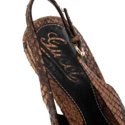 Gucci Brown Python Leather Sofia Platform Peep Toe Slingback Sandals Size 37.5