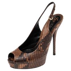 Gucci Brown Python Leather Sofia Platform Peep Toe Slingback Sandals Size 37.5