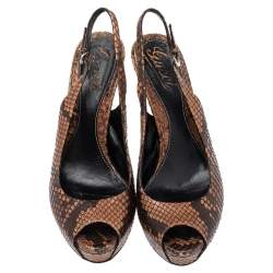 Gucci Brown Python Leather Sofia Platform Peep Toe Slingback Sandals Size 37.5