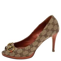 Pre Owned Gucci Beige GG Canvas Horsebit Peep Toe Pumps Size 39.5