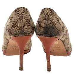 Pre Owned Gucci Beige GG Canvas Horsebit Peep Toe Pumps Size 39.5