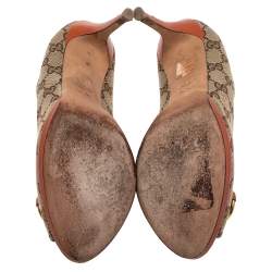 Pre Owned Gucci Beige GG Canvas Horsebit Peep Toe Pumps Size 39.5