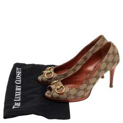 Pre Owned Gucci Beige GG Canvas Horsebit Peep Toe Pumps Size 39.5