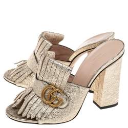 مملوكة مسبقًا Gucci Metallic Gold Leather Marmont Fringe Detail Open Toe Sandals Size 39