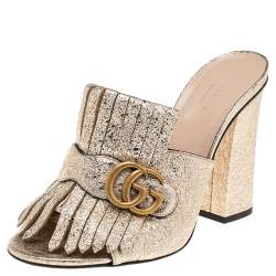 مملوكة مسبقًا Gucci Metallic Gold Leather Marmont Fringe Detail Open Toe Sandals Size 39