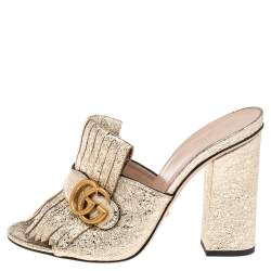 مملوكة مسبقًا Gucci Metallic Gold Leather Marmont Fringe Detail Open Toe Sandals Size 39
