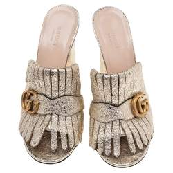 مملوكة مسبقًا Gucci Metallic Gold Leather Marmont Fringe Detail Open Toe Sandals Size 39