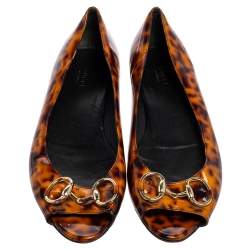 مملوكة مسبقًا حذاء باليرينا فلات غوتشي هورسبيت جلد نقشة الفهد بني مطبوع مقاس 41