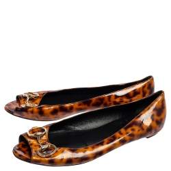 مملوكة مسبقًا حذاء باليرينا فلات غوتشي هورسبيت جلد نقشة الفهد بني مطبوع مقاس 41