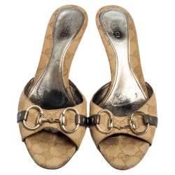 Gucci Beige GG Canvas Horsebit Slide Sandals Size 38.5