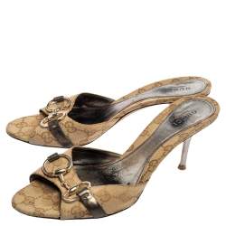 Gucci Beige GG Canvas Horsebit Slide Sandals Size 38.5