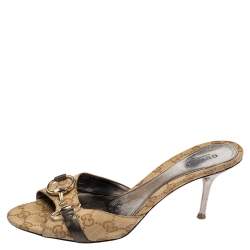 Gucci Beige GG Canvas Horsebit Slide Sandals Size 38.5