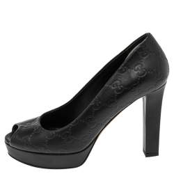 Pre Owned Gucci Black Guccissima Leather Peep Toe Pumps Size 36