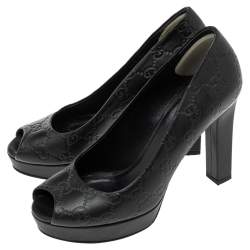 Pre Owned Gucci Black Guccissima Leather Peep Toe Pumps Size 36