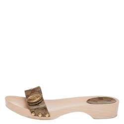 مملوكة مسبقًا Gucci Brown/Beige GG Coated Canvas Hysteria Wooden Slide Sandals Size 39.5