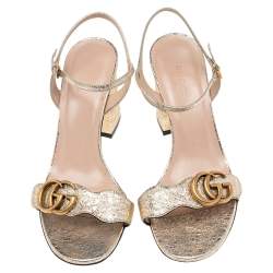 Pre Owned صندل غوتشي جلد ذهبي ميتالك جي جي سير كاحل مقاس 36.5