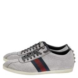 Pre Owned Gucci Metallic Silver Glitter Coated Fabric Bambi Web Detail Studded Low Top Sneakers Size 40.5