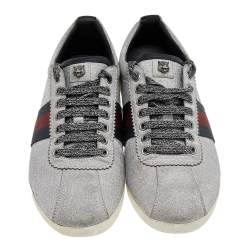Pre Owned Gucci Metallic Silver Glitter Coated Fabric Bambi Web Detail Studded Low Top Sneakers Size 40.5